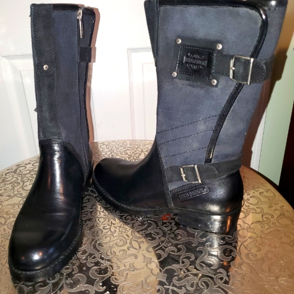NWT Harley Davidson Black Leather and Canvas Moto Style Boots Sz 8